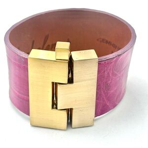 Leighelena Fuchsia Brushed Gold Alligator Leather Cuff Puzzle Bracelet Wide Pink